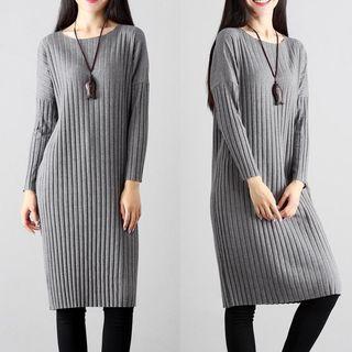 Drop Shoulder Long Sleeve Knit Dress Gray - One Size