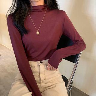 High-neck Long-sleeve Plain T-shirt