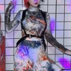 Painting Print Mock Turtleneck Long-sleeve Cropped T-shirt / Mini A-line Skirt
