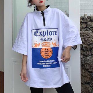 Elbow-sleeve Half-zip Print T-shirt