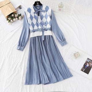Set: Tie-neck Midi Dress + Sleeveless Argyle Patterned Knit Top