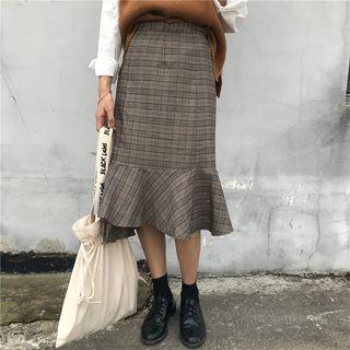 Gingham Ruffle Hem Midi A-line Skirt