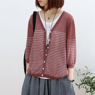 3/4-sleeve Striped Knit Cardigan