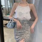 Halter-neck Faux Pearl Tiered Camisole Top / Dotted Drawstring Midi Mermaid Skirt
