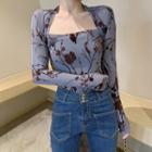 Long-sleeve Floral Mesh Top As Shown In Figure - One Size