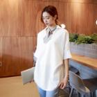 Collared Elbow-sleeve Open-placket Top