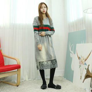 Contrast-trim Lace-hem Knit Dress