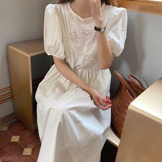 Eyelet Puff-sleeve Cutout-back Midi A-line Dress