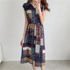 Cap-sleeve Patterned Dress With Cord Blue - One Size