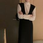 Long-sleeve Bow Blouse / Midi Overall Dress