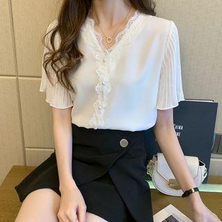 Short-sleeve Panel Lace Trim Blouse