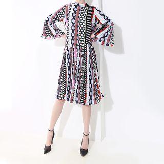Long-sleeve Patterned Asymmetric Pleated Dress