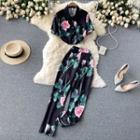 Set Of 2 : Print Short-sleeve Shirt + High-waist Wide-leg Pants