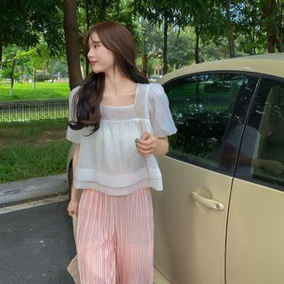 Short-sleeve Mesh Top / Wide-leg Pants