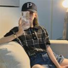 Short-sleeve Polo-neck Knit Top Plaid - Black - One Size