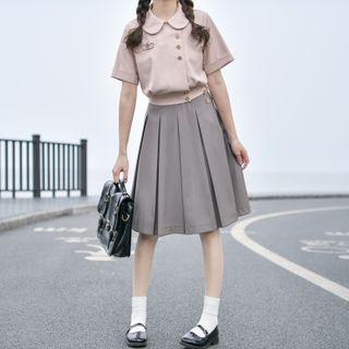 Short-sleeve Shirt / Midi A-line Pleated Skirt