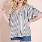 Elbow-sleeve Striped Frill Trim Blouse