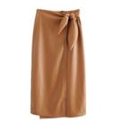 Faux Leather Tie-front Midi Pencil Skirt