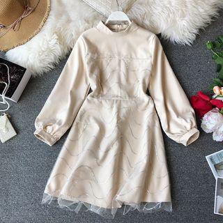 Long-sleeve Sequined Mesh Panel A-line Dress