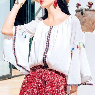 Tassel 3/4-sleeve Blouse White - M
