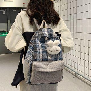 Rabbit Brooch Plaid Linen Backpack