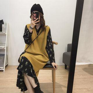 Flower Print Long-sleeve Midi Dress / Long Knit Vest / Set