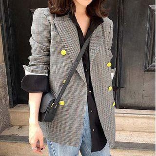 Distressed Cropped Harem Jeans / Plaid Double-breasted Blazer / Set