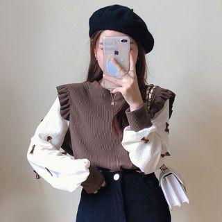 Long-sleeve Bow-accent Frill Trim Knit Top