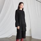 Round-neck Sheer-hem Knit Dress Black - One Size