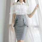 Set: Cutout Shoulder Short-sleeve Lace Top + Ruffle Trim Pencil Skirt