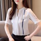 Short-sleeve Split-neck Chiffon Blouse