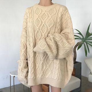 Long-sleeve Crewneck Cable-knit Dress Almond - One Size