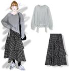 Plain Pullover / Plaid Midi Tiered Skirt