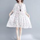 Short-sleeve Strawberry Print A-line Dress White - One Size