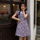Puff-sleeve Flower Print Buttoned A-line Mini Dress Purple - One Size
