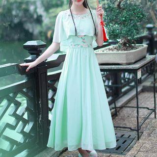 Set: Embroidered Sleeve Midi A-line Dress + Embroidered Cropped Cape