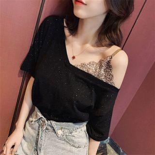 Elbow-sleeve Mock Two-piece Glitter T-shirt