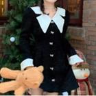 Long-sleeve Wide-collar Bow-accent Mini A-line Dress Black - One Size