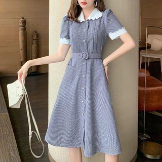 Short-sleeve Plaid Tie-waist Midi Dress