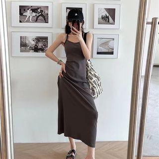Spaghetti-strap Contrast Trim Midi A-line Dress Dark Gray - One Size