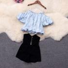 Set: Cold-shoulder Floral Print Blouse + Denim Shorts