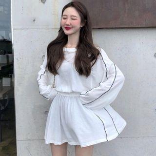 Long-sleeve Contrast Stitching A-line Mini Dress White - One Size