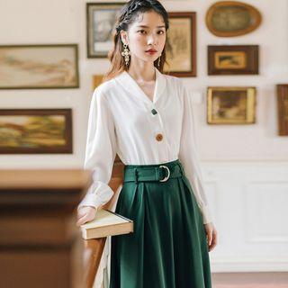 Set: Buttoned V-neck Blouse + Midi A-line Skirt