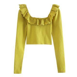 Long-sleeve Ruffle Trim Knit Crop Top