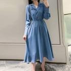 Collared Double-breasted Long-sleeve Midi A-line Dress