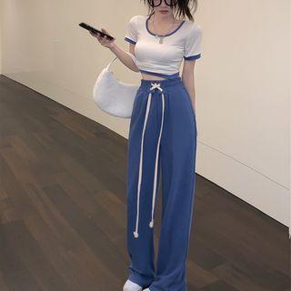 Contrast Trim Cropped T-shirt / Wide Leg Pants