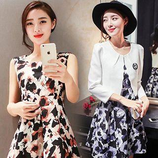 Set : Scallop Trim Bolero + Floral Print Sleeveless Dress