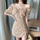 Off-shoulder Short-sleeve Floral Side-slit Dress