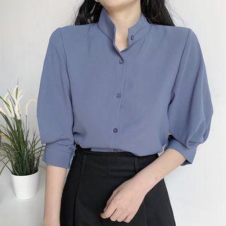 Elbow-sleeve Stand-collar Plain Blouse