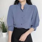 Elbow-sleeve Stand-collar Plain Blouse